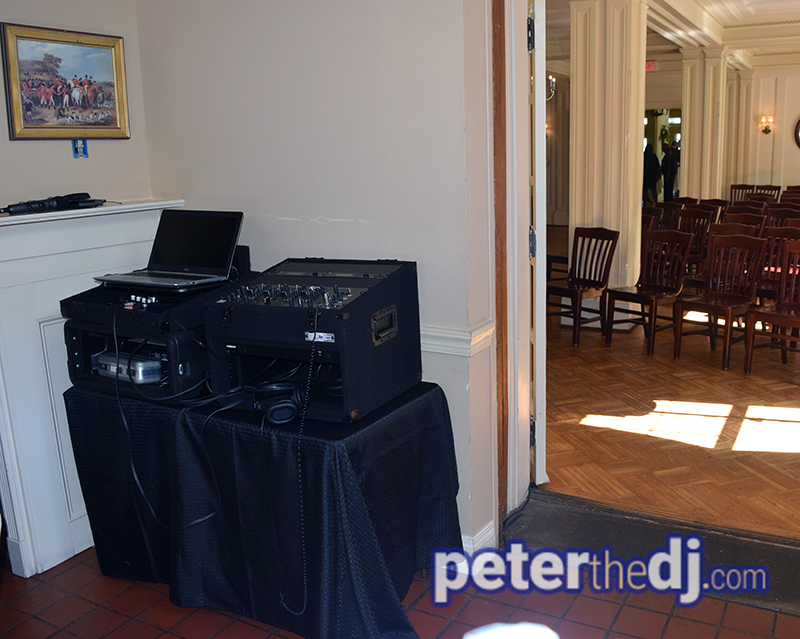 Small sound system for wedding ceremony at Lincklaen House. Alexandra and Mark's wedding, photo by Wedding DJ Peter Naughton, June 2019.