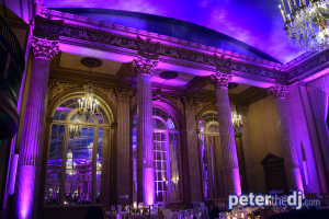 Uplighting for Liz and Brian's wedding reception in the Grand Ballroom at Syracuse Marriott Downtown. Photo by DJ Peter Naughton peterthedj.com July 2019.