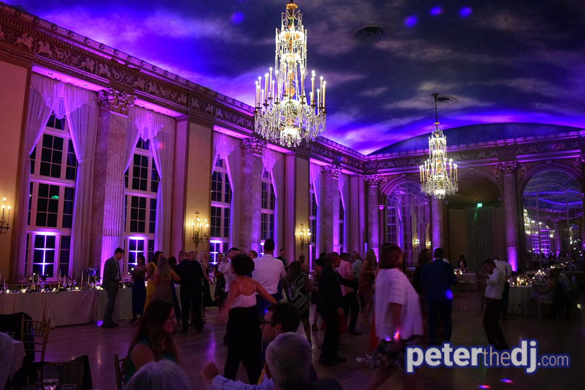 Uplighting for Liz and Brian's wedding reception in the Grand Ballroom at Syracuse Marriott Downtown. Photo by DJ Peter Naughton peterthedj.com July 2019.
